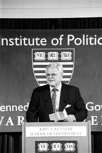 Sen. EDWARD M. KENNEDY '54-'56 praises the Institute of Politics last night for preserving the legacy of his brother, JFK.