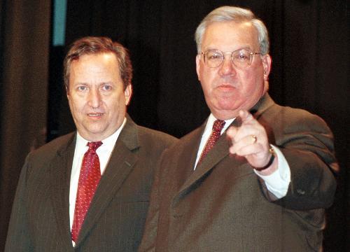 Former Harvard President Larry Summers and Boston Mayor Tom Menino announce the recipients of Harvard grants totaling $400,000 to benefit Boston after school programs in January 2002.