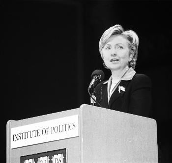 Sen. HILLARY RODHAM CLINTON (D-N.Y.) discusses tax policy and public service at Sanders yesterday.