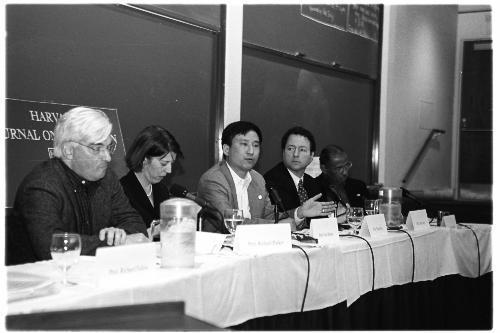 A Harvard Law School panel discusses affirmative action yesterday with Prof. RICHARD PARKER , Prof.  GAIL HERIOT, Prof. FRANK WU, CURT LEVEY and Rep. JOHN CONYERS (D-Mich.).