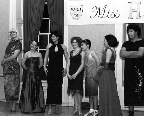 The crowning moment, as WILLIAM L. ADAMS ’04 (third from l) is announced to be the winner of the 2002 Miss Harvard Pageant in front of a capacity crowd in the Leverett House dining hall Friday night.