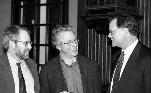 THOMAS M. LEVENSON ’80 (L), whose family endowed the Levenson Teaching Award in honor of his father, Joseph, speaks with one of this year’s winners, Professor of History  JAMES T. KLOPPENBERG.