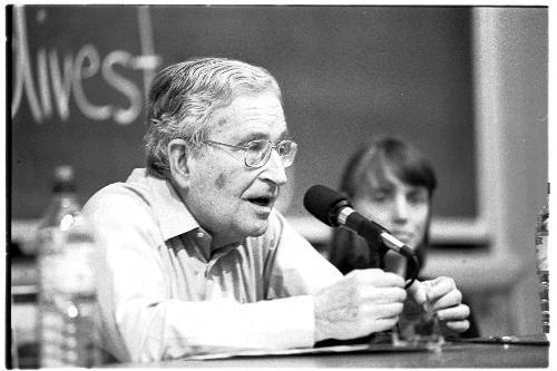 MIT Linguist Professor NOAM CHOMSKY speaks at a rally for university divestment from Israel at MIT Monday.