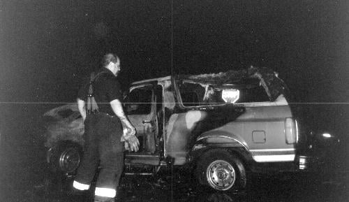 A Ford Bronco burst into flames in the Malkin Athletic Center Quad Monday moments after its occupants jumped out. No one was injured in the blaze, which shot flames 20 feet into the air.