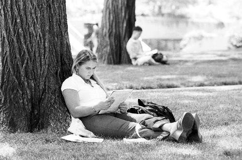 Summer school student REBEKAH A. COTE studies outside in Harvard Yard yesterday. Many summer school classes held midterm examinations this past week.