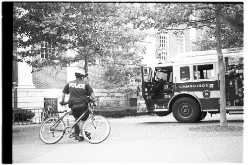 Seven Cambridge Fire Department units responded to alarms in Lehman Hall in Harvard Yard on Wednesday set off by an overheated electrical generator. No fire was reported.