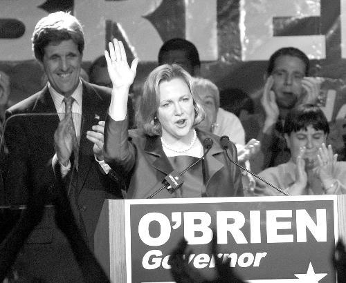 State Treasurer SHANNON P. O’BRIEN celebrates her victory in yesterday’s Democratic gubernatorial primary.
