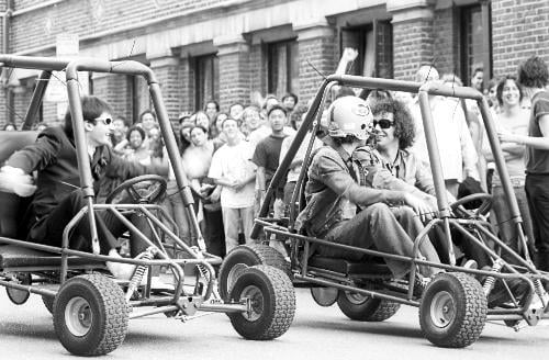 In town for a concert in Boston, the Strokes visited the Lamppon Castle yesterday. While the band did not sing for the hundreds of gathered fans, they did defeat a 'Poonster in an unexpected go-kart race.
