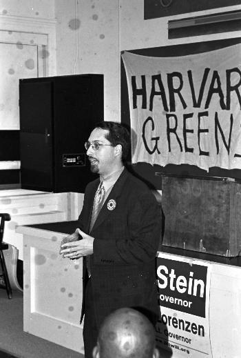 A Green Party supporter speaks at last night’s rally on campus.