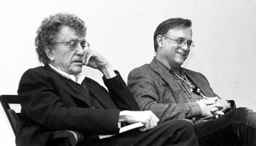 Author KURT VONNEGUT, left, and his son, MARK, speak of their family’s struggle with Mark’s mental illness before a packed crowd in the Sackler Museum yesterday.