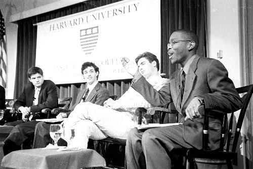 FRED O. SMITH '04 makes a point at the Undergraduate Council presidential debate yesterday as DAVID M. DARST '04, JASON L. LURIE '05 and HUNTER A. MAATS '04 look on. Rohit Chopra '04 also participated.