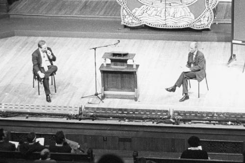 University President LAWRENCE H. SUMMERS (left) discusses the link between economic and moral reasoning with Moral Reasoning 22, “Justice,” Professor MICHAEL J. SANDEL in class yesterday.