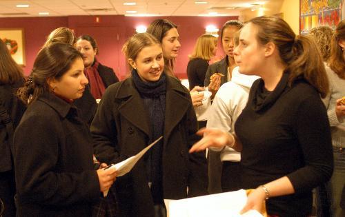 KAVITA M. SHUKLA ’06 (left)  and MILENA ANDZELM ’06 (middle) meet and greet sorority sister JENNY I. MARSH ’03 (right) at the kickoff brunch of the annual sorority rush process. 