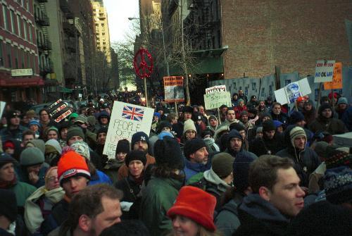 Protesters crowd a New York City street Saturday to demonstrate against a potential war in Iraq. Over 50 Harvard students participated in the rally, part of a day of anti-war protests around the world. 