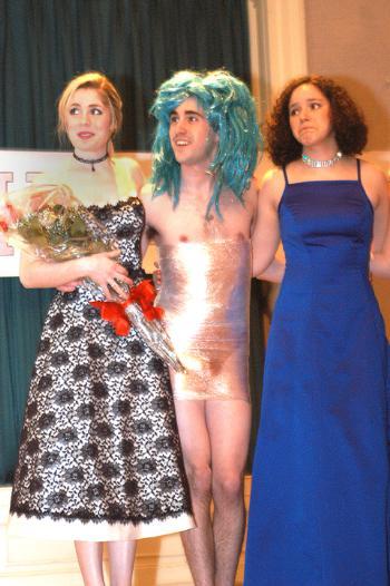 From left, LAUREL T. HOLLAND ’06, DANIEL C. CRAIG ’04 and CAROLINE E. JACKSON ’06 compete in the Miss Harvard pageant Friday.