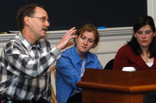 Harvard Medical School Associate Professor PAUL BARREIRA (left), Director of Good Samaritans of Boston JANE LINDQUIST (center) and CAITLIN E. STORK ’04 (right) discuss “The Many Sides of Suicide,” yesterday.