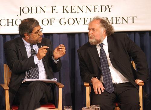 Director of the Center for Palestine and Research Studies in Israel KHALIL SHIKAKI, left,  and YAHIR HIRSCHFELD, an Israeli originator of the Oslo Peace Process, discuss Middle East politics at the Arco Forum Yesterday.