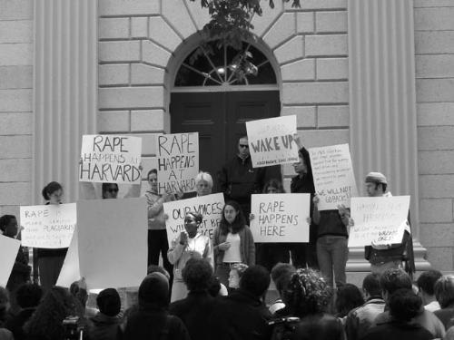 Members of the Coalition Against Sexual Violence protest the institution of the new Ad Board procedure on the steps of University Hall last May.