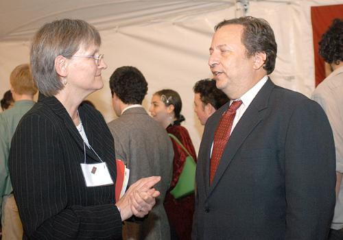 Radcliffe Dean at the time Drew Faust speaks with then President Lawrence Summers during Radcliffe's Strawberry Tea.
