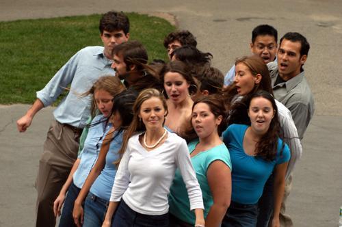 The Harvard-Radcliffe Veritones perform their signature song “Vogue” in front of the steps of Widener Library yesterday afternoon. Several a cappella groups have held “Yard Jams” this week to encourage first-years to audition.