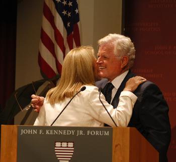 Caroline B. Kennedy '80 hugs her uncle, U.S. Sen. Ted Kennedy '54-'56, at a 2003 event naming the IOP's forum after John F. Kennedy Jr., who died in 1999.