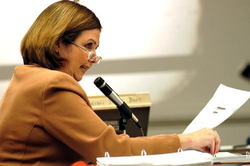 Executive Director of Student Achievement and Accountability MARYANN MACDONALD presents this year’s MCAS results to the School Committee last night.