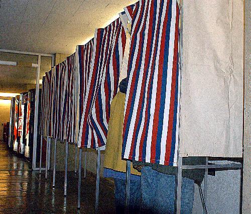 Voting booths lined New Quincy lobby yesterday. MIT alum Matt S. DeBergalis mounted an ultimately unsuccessful Council challenge, running on a student-friendly platform aimed at bringing undergrads to the polls.