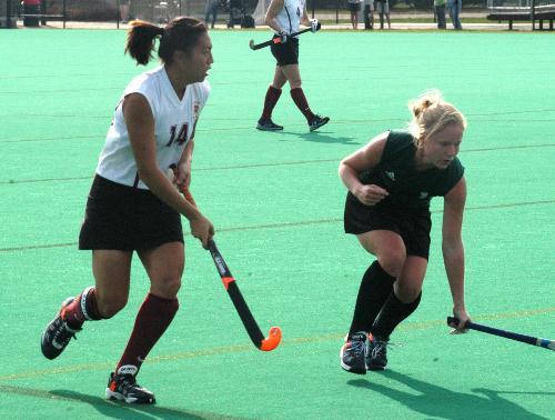 Tri-captain JEN AHN (14) has anchored the Harvard field hockey team’s defense, which has amassed seven shutouts this season.
