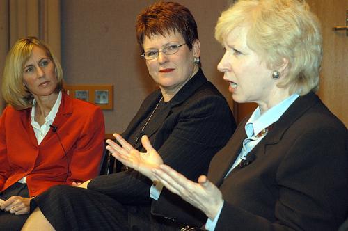 Former Prime Minister of New Zealand JENNY SHIPLEY listens as former Prime Minister of Canada KIM CAMPBELL speaks yesterday at the KSG.