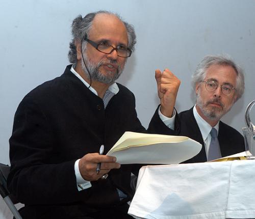Rothenberg Professor HOMI K. BHABHA (left) moderates a discussion about Edward Said and his book, Orientalism, in which Professor LOUIS MENAND participated.