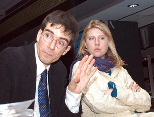 Lecturer on the Study of Religion BRIAN C.W. PALMER discusses “prostitution, the Patriot Act and peace” with about 10 students at Loker Coffee House yesterday as ROWENA H. POTTS ’06 listens.