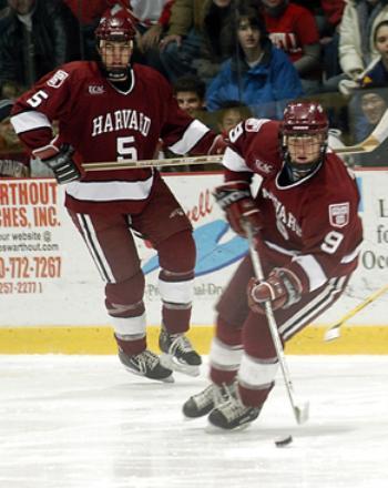 Junior center TOM CAVANAGH (9) registered a hat trick against Colgate on Friday night, but failure to convert on the power play on Saturday night proved costly as the Harvard men's hockey team lost to Cornell 1-0.
