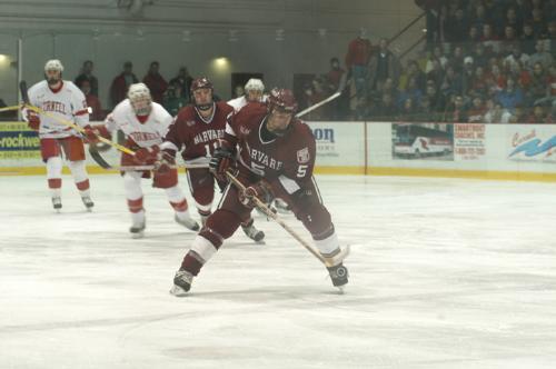 Junior defenseman NOAH WELCH (5) will be counted on to lead Harvard's power play unit tonight against powerhouse Boston College