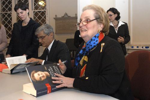 Former Clinton cabinet members Madeleine K. Albright and Robert E. Rubin ’60 sign copies of their new books at the First Parish Church Monday night.