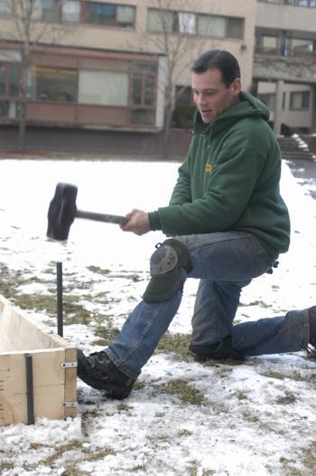 A worker helps construct the ice rink outside of Harkness Commons.