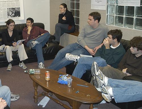 Sunday 4:15 PM: Everyone working on Monday's issue meets in dummy meeting to pitch stories and decide on the layout of the front page.