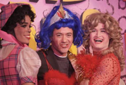 Robert Downey Jr., center, pictured with Hasty Pudding Theatrical members Peter A. Dodd ’06, left, and Ryan T. McKnight ’04, was named “Man of the Year” by the Hasty Pudding theatrical society last night.
