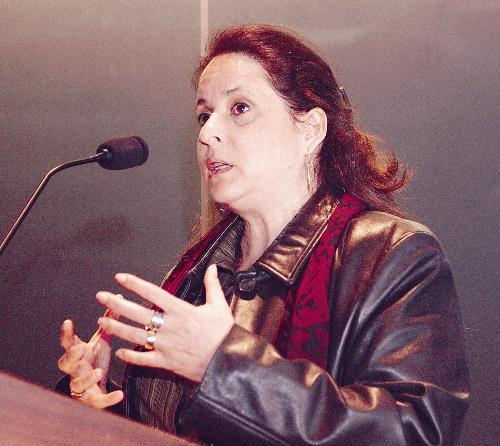 Ruth Hiller of New Profile speaks at the Science Center yesterday about helping her sons avoid serving in the Israeli army. 