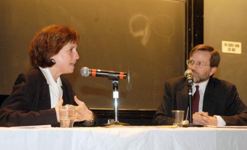 Arline Isaacson, co-chair of the Massachusetts Gay and Lesbian Political Caucus, left, debates the Rev. John Rankin, president of the Theological Education Institute and Harvard Divinity School graduate, on gay marriage on Saturday night