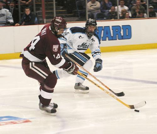 Freshman forward Ryan Maki scored for the Crimson during Harvard's 5-4 loss to Maine in the first round of the NCAA tournament on March 26 in Albany, N.Y.