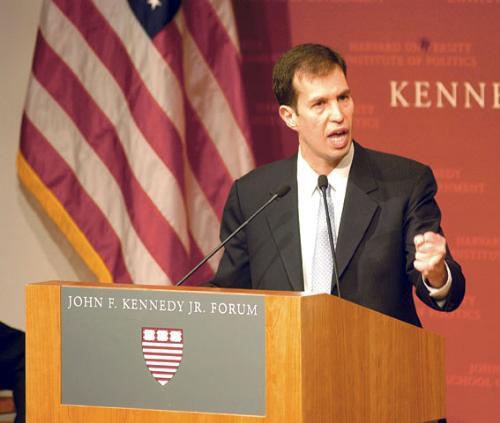 Ken Mehlman, the campaign manager for the Bush-Cheney 2004 campaign, speaks to a full audience at the John F. Kennedy Jr. Forum last night. 
