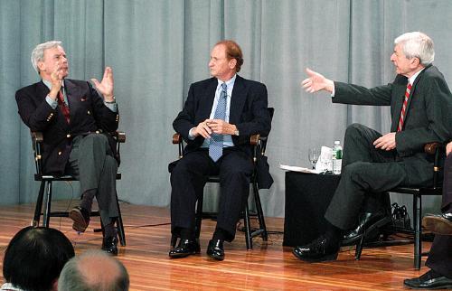 NBC Nightly News anchor Tom Brokaw, left, Hollywood insider Mike Medavoy, center, and Lecturer in Public Policy Marvin Kalb speak Saturday at a Kennedy School of Government conference. 