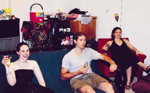 Nell A.O. Hanlon '04, Jordan D. Sagalowsky '04 and Melissa E. Miller '04 broke out champagne to watch the final episode of the NBC sitcom 