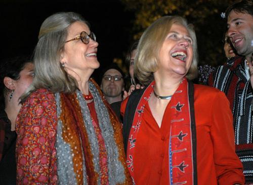 Lowell House Co-Masters Rev. Dorothy A. Austin, left, and Diana L. Eck celebrate the first filings for same-sex marriage licenses outside Cambridge City Hall last night.