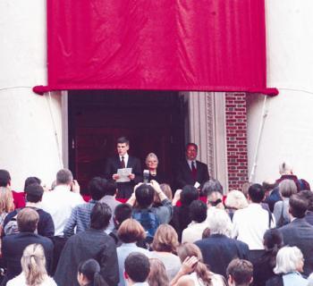 From left, Dean of the Faculty William C. Kirby, Larsen Librarian of Harvard College Nancy M. Cline and University President Lawrence H. Summers speak at the rededication of Widener Library Friday afternoon.