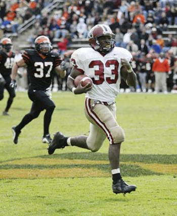 Running back Clifton Dawson sprints for his record-breaking touchdown against Princeton, his 15th of the season.