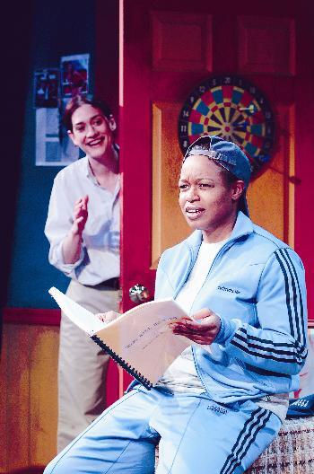 Matt (Jennifer R. Morris), left, gestures to Ben (Quincy Tyler Bernstine), who reads their script for the first time.