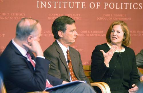 David Gergen, left, Stephen Goldsmith and Maxine Isaacs analyzed election results at the Institute of Politics yesterday in a panel entitled, “Election 2004: What Does It Mean?”