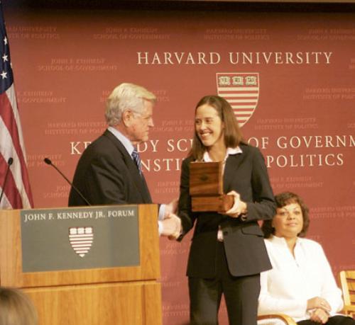 Senator Edward M. Kennedy ‘54-’56 presents the John F. Kennedy New Frontier Award to Wendy Kopp, the founder and CEO of Teach for America at a ceremony held yesterday at the JFK Jr. Forum at the IOP.