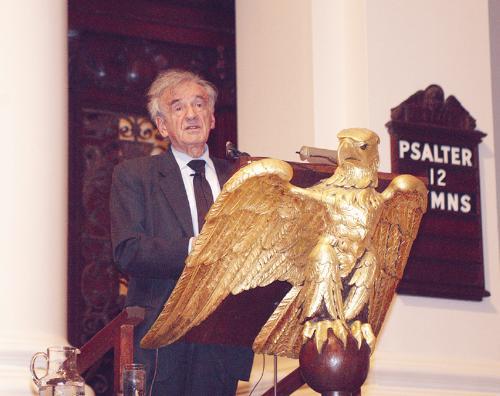 Nobel Peace Prize winner and Boston University professor Elie Wiesel speaks at Memorial Church yesterday evening.
